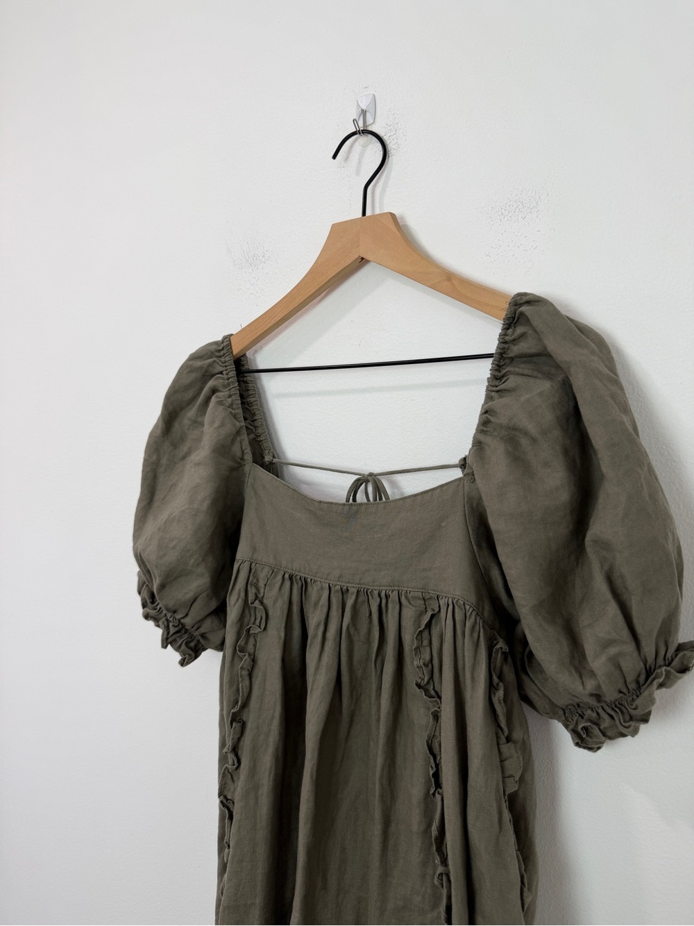 Mable 100% Linen Babydoll Mini Dress Ruffle Puff Sleeves Size Medium - Picture 4 of 8